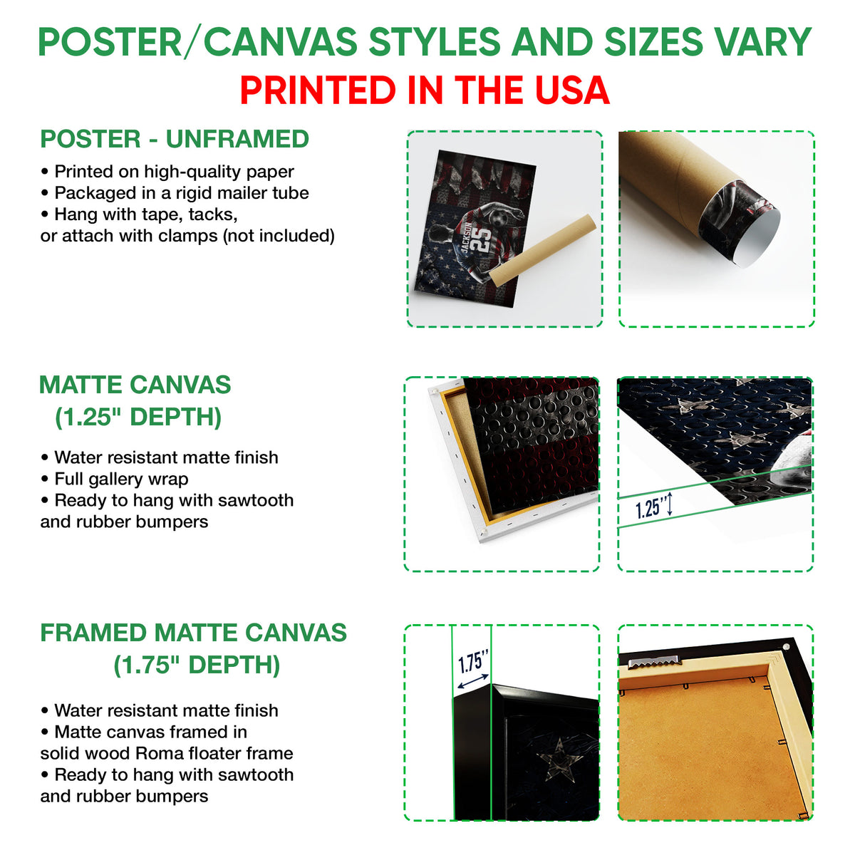 Soccer wall art format guide showing unframed poster, matte canvas, and framed canvas presentation options
