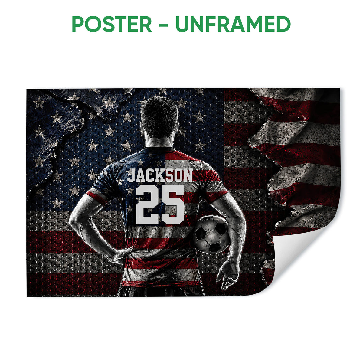 Unframed soccer poster featuring a back-view player with a soccer ball and bold red, white, and blue artwork