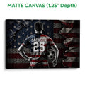 Matte canvas soccer wall art featuring a dramatic player silhouette, soccer ball, and textured patriotic design