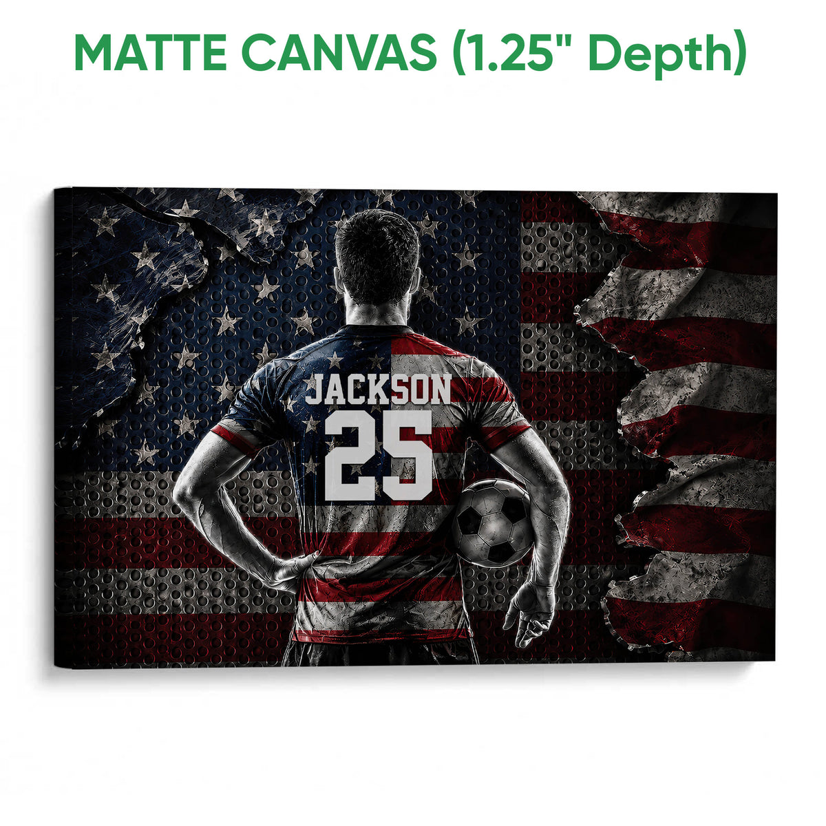 Matte canvas soccer wall art featuring a dramatic player silhouette, soccer ball, and textured patriotic design