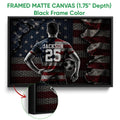 Black framed soccer canvas wall art with a back-view player, soccer ball, and dark red, white, and blue colors