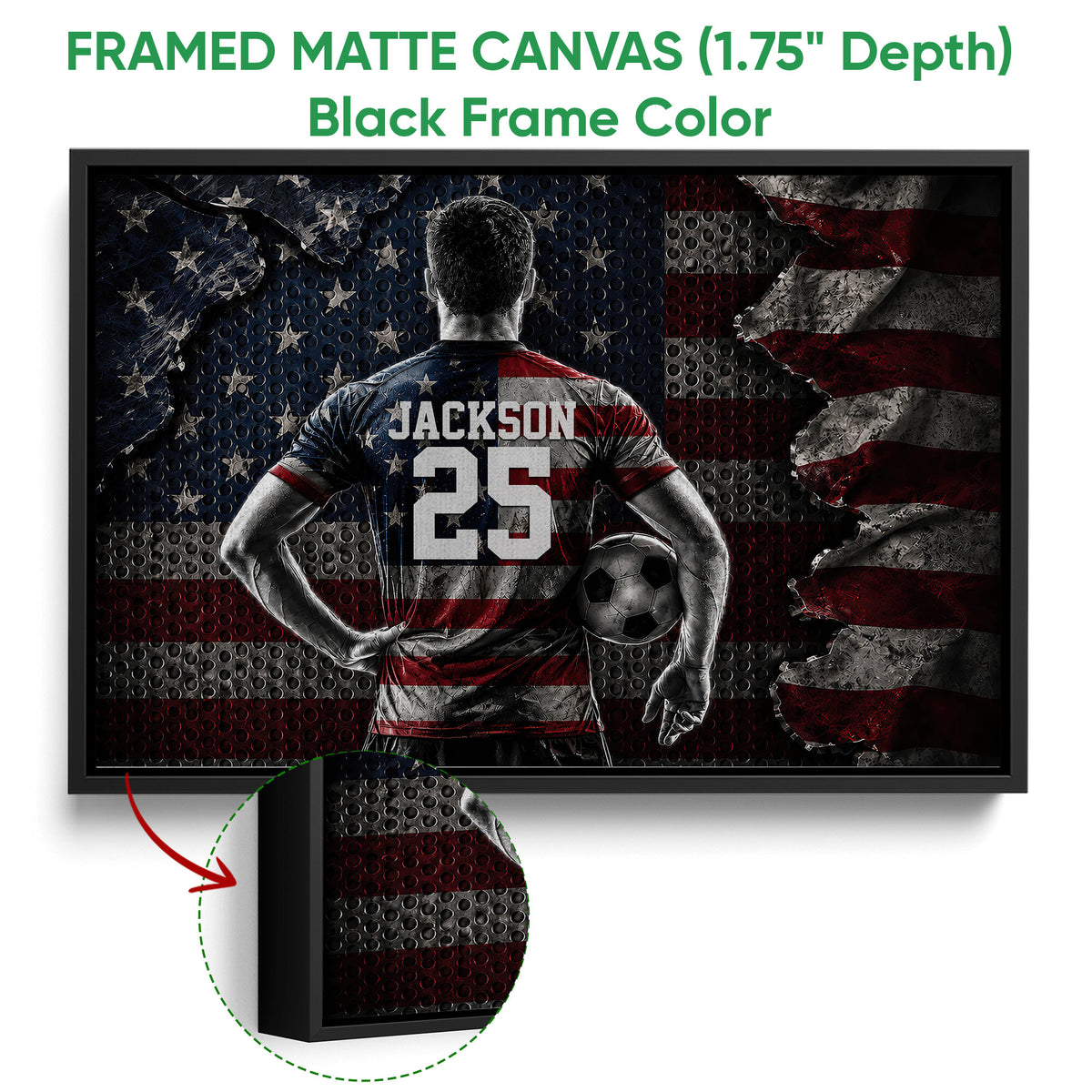 Black framed soccer canvas wall art with a back-view player, soccer ball, and dark red, white, and blue colors