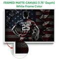 White framed soccer canvas wall art featuring a player and soccer ball in a bold red, white, and blue design
