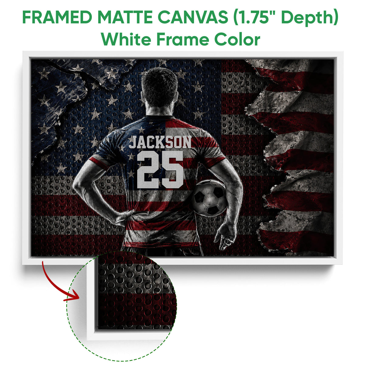 White framed soccer canvas wall art featuring a player and soccer ball in a bold red, white, and blue design