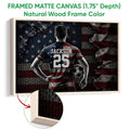 Natural wood framed soccer wall art showing a player with a soccer ball and textured red, white, and blue background