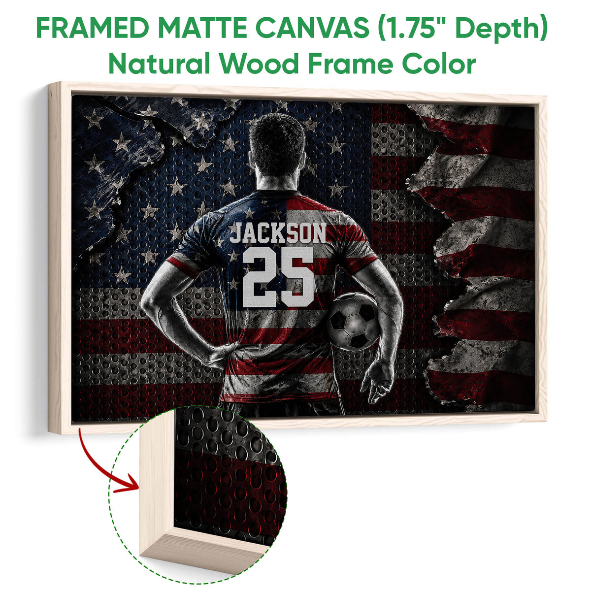 Natural wood framed soccer wall art showing a player with a soccer ball and textured red, white, and blue background