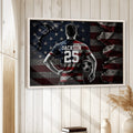 Soccer wall art displayed in a bright wood-paneled room with a natural wood frame and bold athletic design