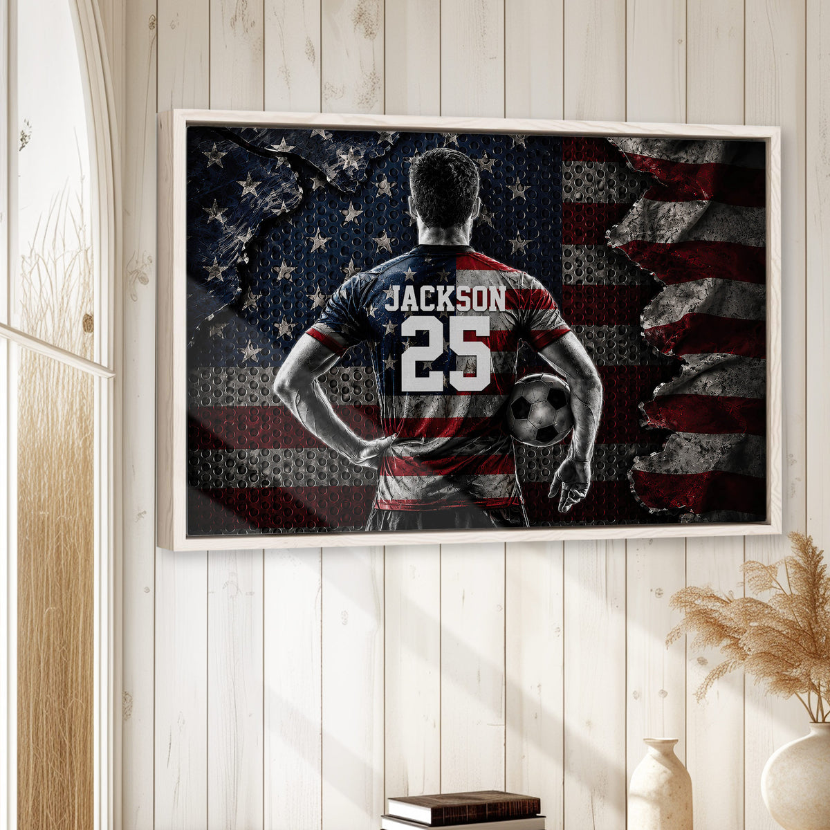 Soccer wall art displayed in a bright wood-paneled room with a natural wood frame and bold athletic design