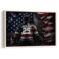 Framed hockey wall art featuring a helmeted player, hockey stick, and bold red, white, and blue design