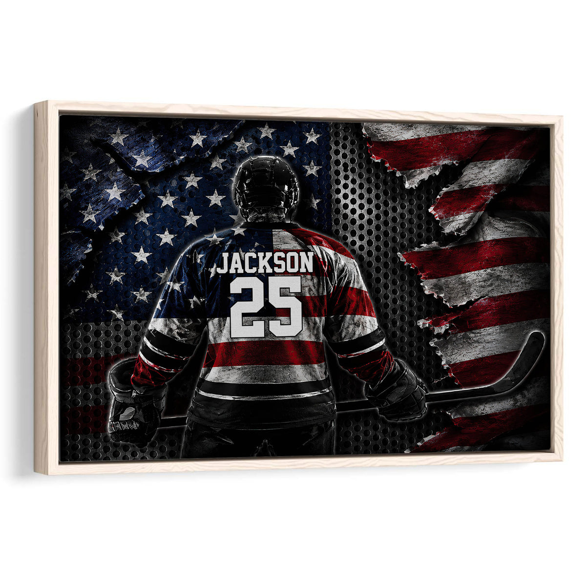 Framed hockey wall art featuring a helmeted player, hockey stick, and bold red, white, and blue design
