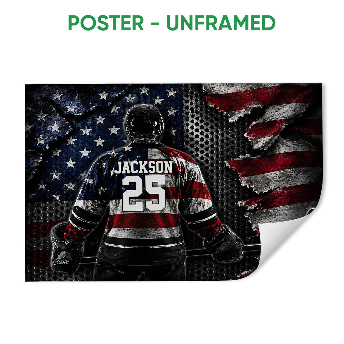 Unframed hockey poster featuring a helmeted player with a stick against a distressed red, white, and blue background