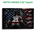 Matte canvas hockey wall art showing a helmeted player and stick in a bold red, white, and blue design