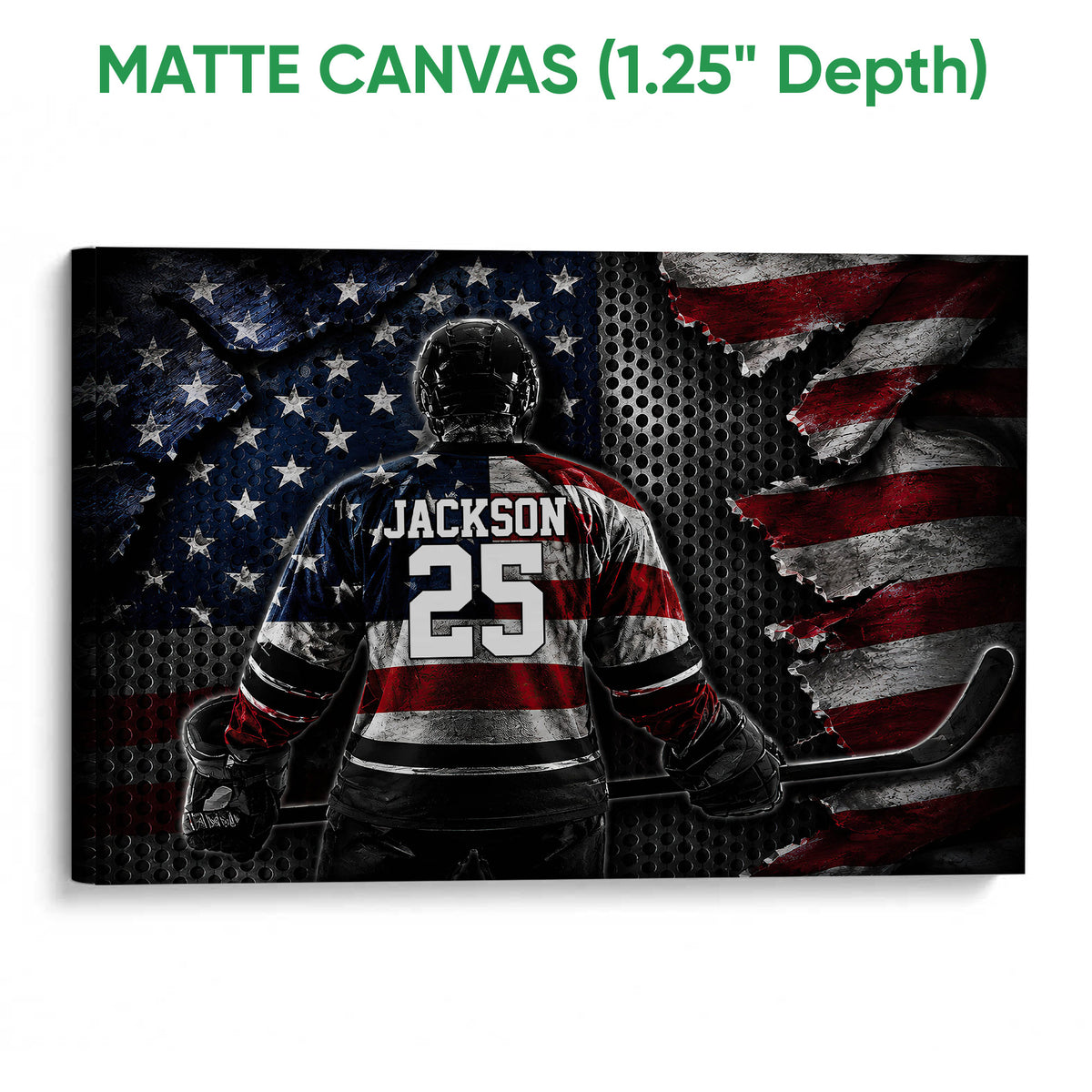 Matte canvas hockey wall art showing a helmeted player and stick in a bold red, white, and blue design