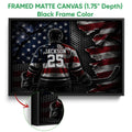 Black framed hockey canvas wall art with a helmeted player, stick, and high-contrast sports artwork