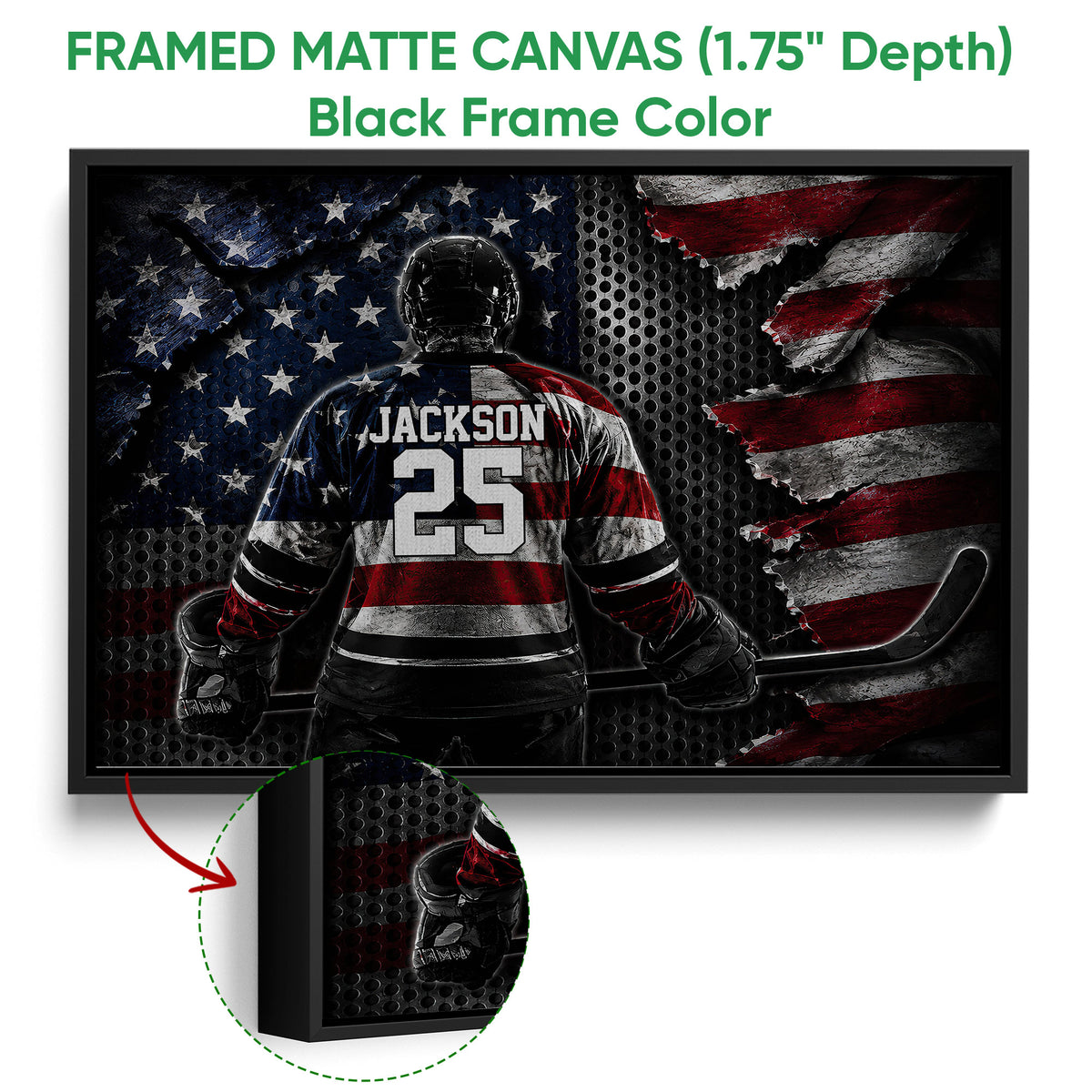 Black framed hockey canvas wall art with a helmeted player, stick, and high-contrast sports artwork