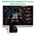 White framed hockey canvas wall art featuring a helmeted player and patriotic red, white, and blue artwork