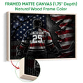 Natural wood framed hockey wall art featuring a helmeted player and dramatic red, white, and blue background