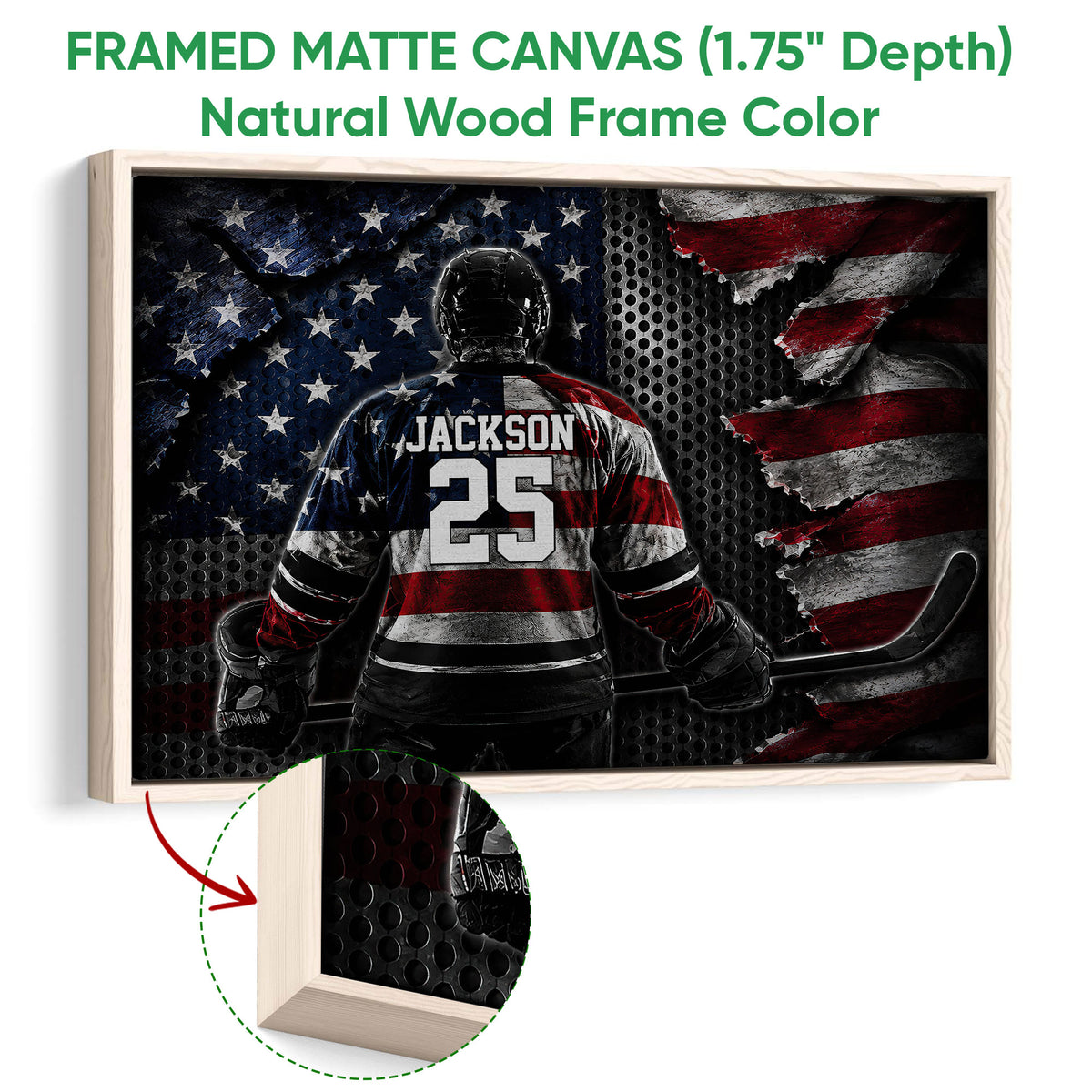 Natural wood framed hockey wall art featuring a helmeted player and dramatic red, white, and blue background