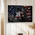 Framed hockey wall art displayed on a light wood-paneled wall in a bright home interior