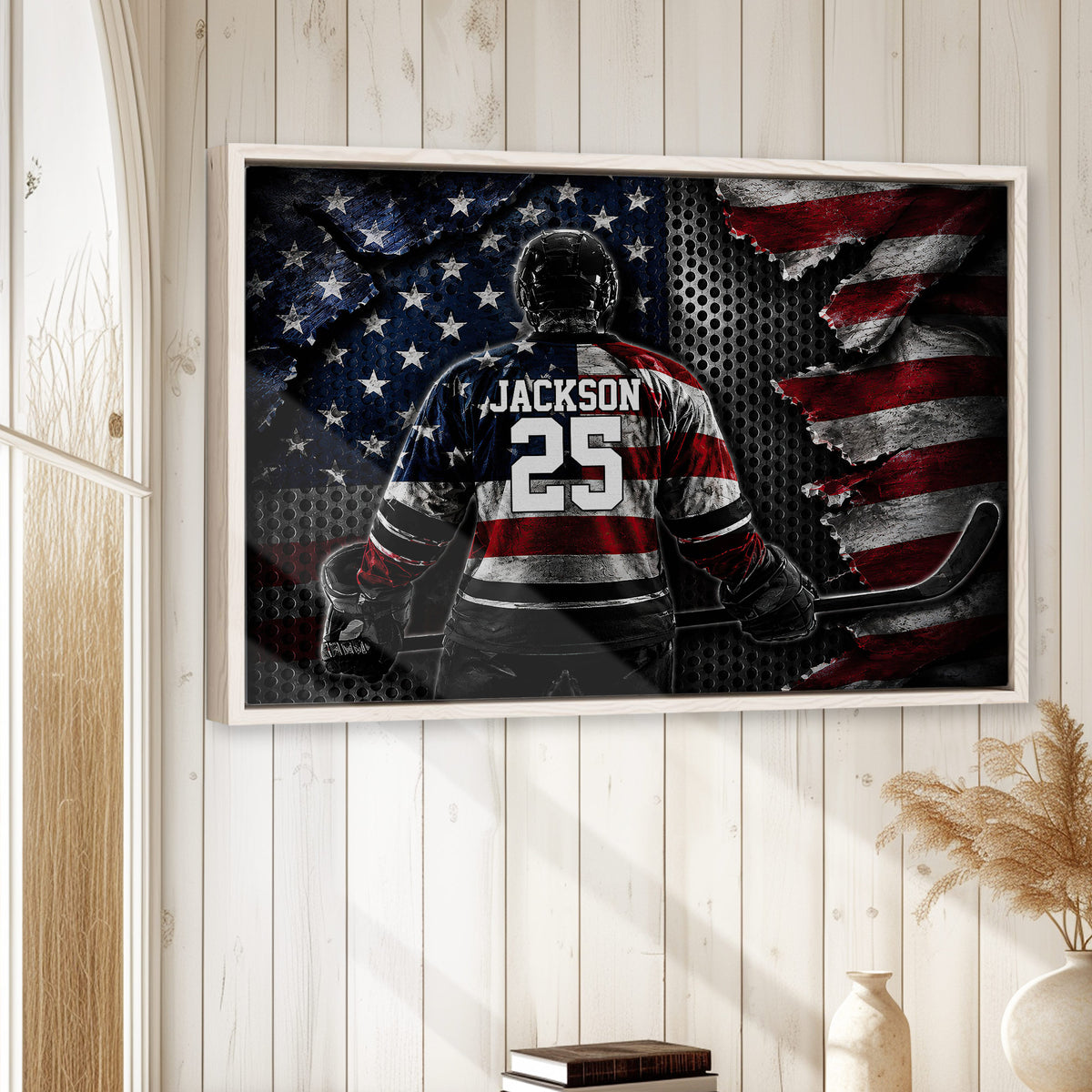 Framed hockey wall art displayed on a light wood-paneled wall in a bright home interior