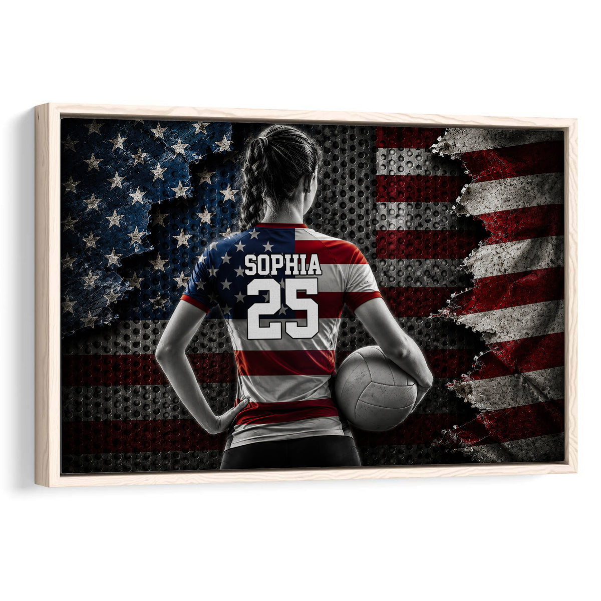 Framed volleyball wall art featuring a female player with a volleyball against a distressed American flag design