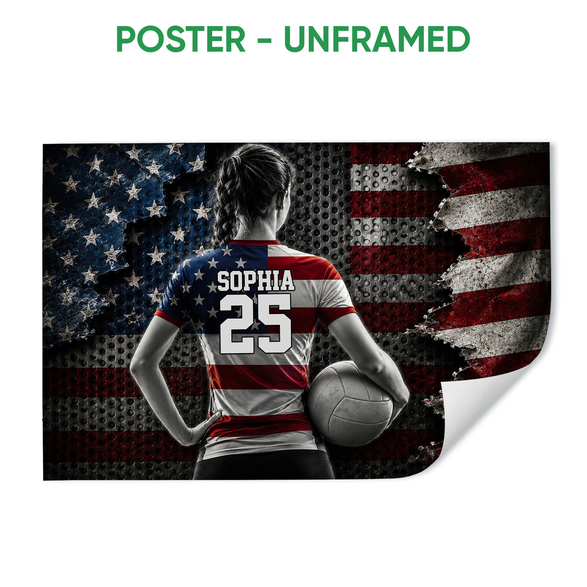 Unframed volleyball poster featuring a female player holding a volleyball before a textured American flag