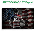 Matte canvas volleyball wall art featuring a player and volleyball in a bold red, white and blue design