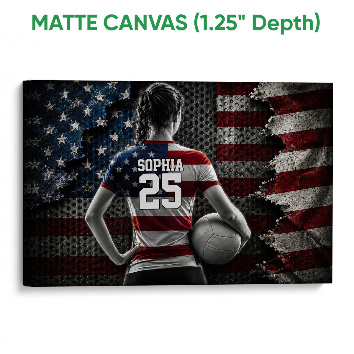 Matte canvas volleyball wall art featuring a player and volleyball in a bold red, white and blue design