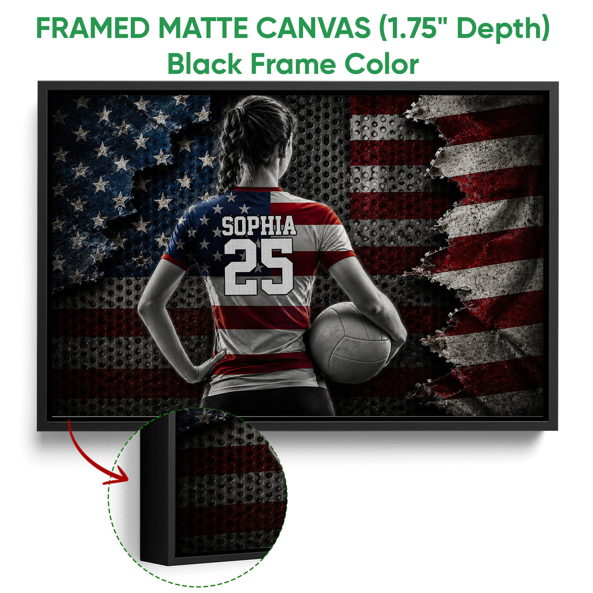 Black framed canvas volleyball wall art with a close-up view of the frame and textured artwork