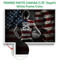 White framed canvas volleyball wall art showing a female player and volleyball in a red, white and blue design