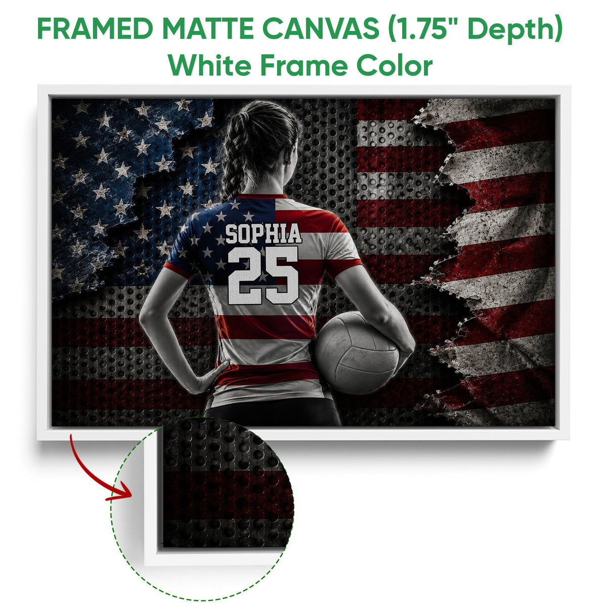 White framed canvas volleyball wall art showing a female player and volleyball in a red, white and blue design