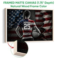 Natural wood framed volleyball wall art featuring a player with a volleyball and distressed flag background