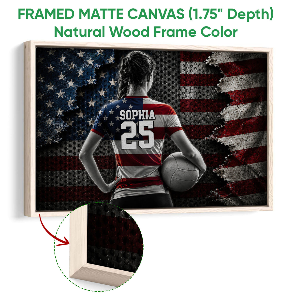 Natural wood framed volleyball wall art featuring a player with a volleyball and distressed flag background