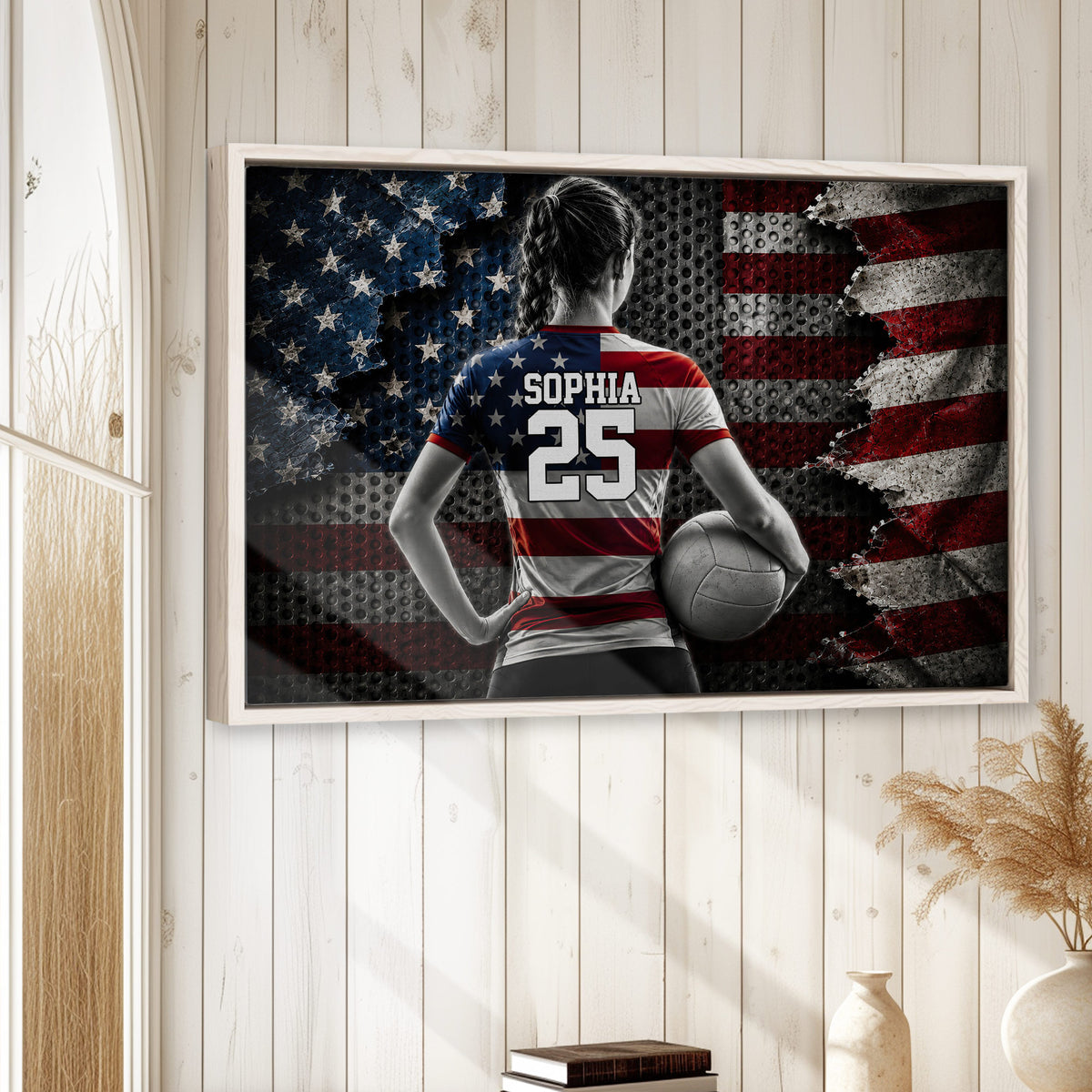 Volleyball wall art displayed on a light wood-paneled wall in a bright home interior