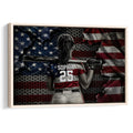 Framed softball wall art showing a player with a bat against a distressed red, white, and blue backdrop