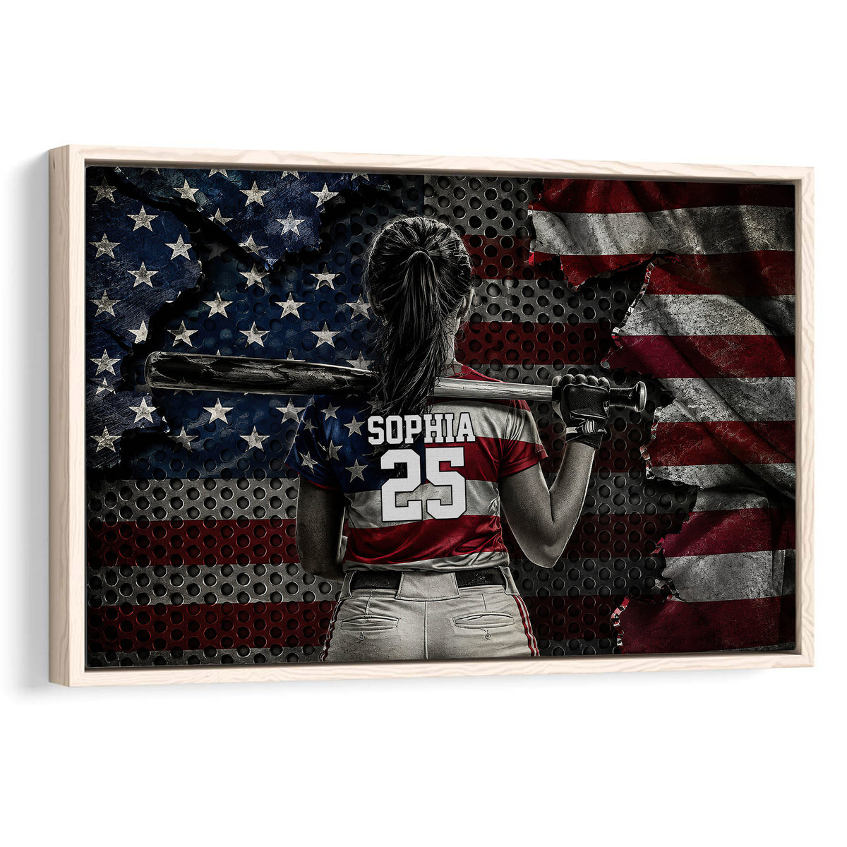 Framed softball wall art showing a player with a bat against a distressed red, white, and blue backdrop