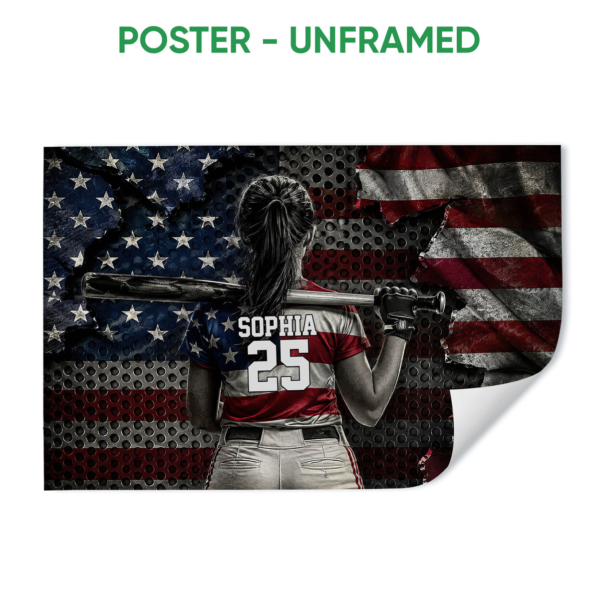 Unframed softball poster featuring a batter from behind against a bold red, white, and blue background