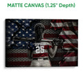 Matte canvas softball wall art featuring a player holding a bat in front of a patriotic backdrop