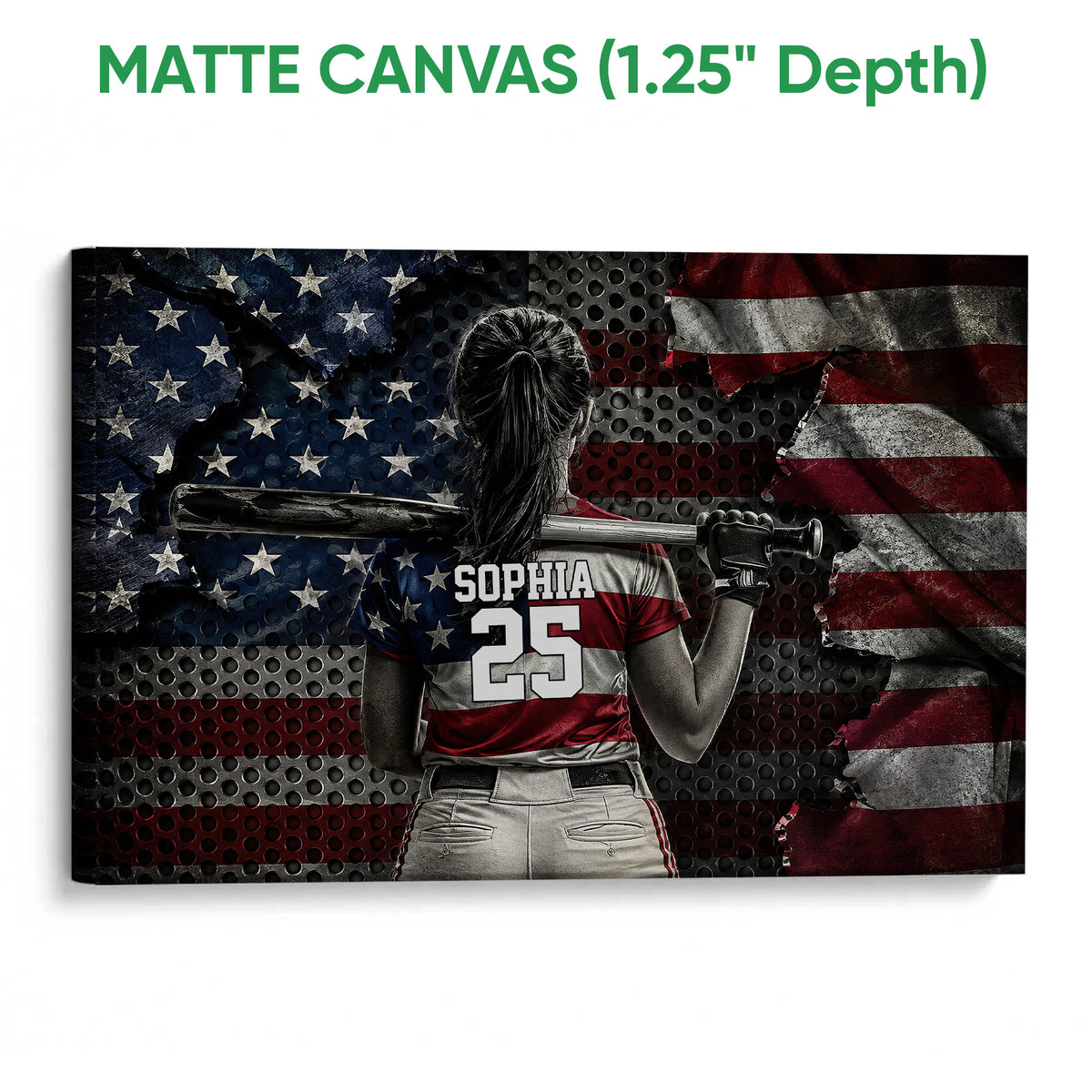 Matte canvas softball wall art featuring a player holding a bat in front of a patriotic backdrop