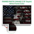 White framed canvas softball wall art featuring a batter and distressed flag-inspired background