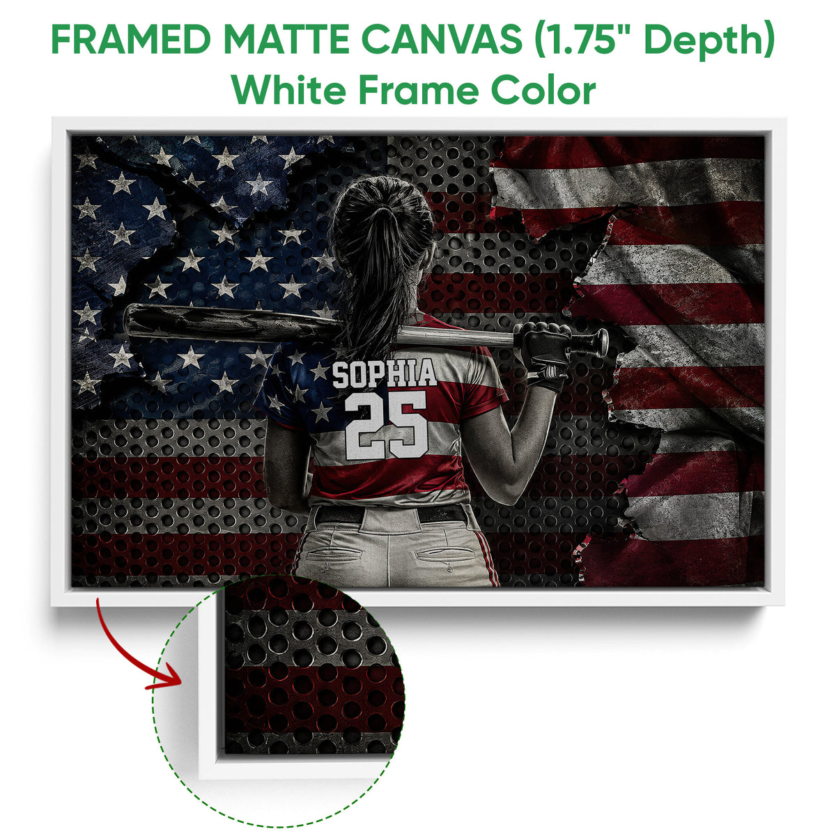 White framed canvas softball wall art featuring a batter and distressed flag-inspired background