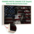 Natural wood framed softball wall art featuring a batter holding a bat against a bold backdrop