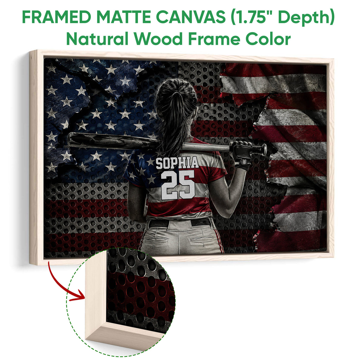 Natural wood framed softball wall art featuring a batter holding a bat against a bold backdrop