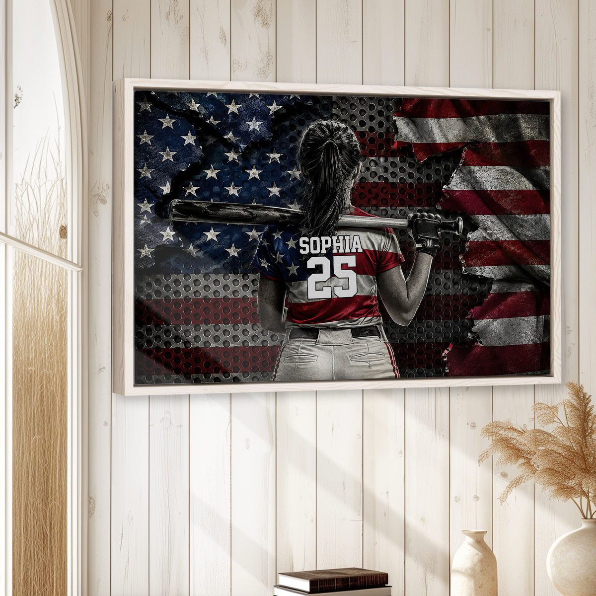Softball wall art displayed in a bright room with white wood walls and natural wood framing