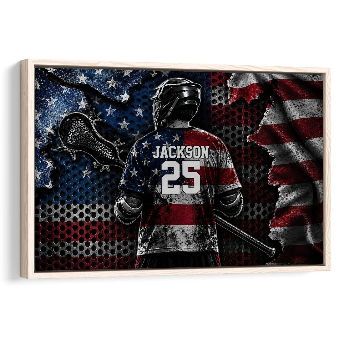 Framed lacrosse wall art featuring a helmeted player, lacrosse stick, and red, white, and blue artwork