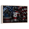 Framed lacrosse wall art featuring a helmeted player, lacrosse stick, and red, white, and blue artwork