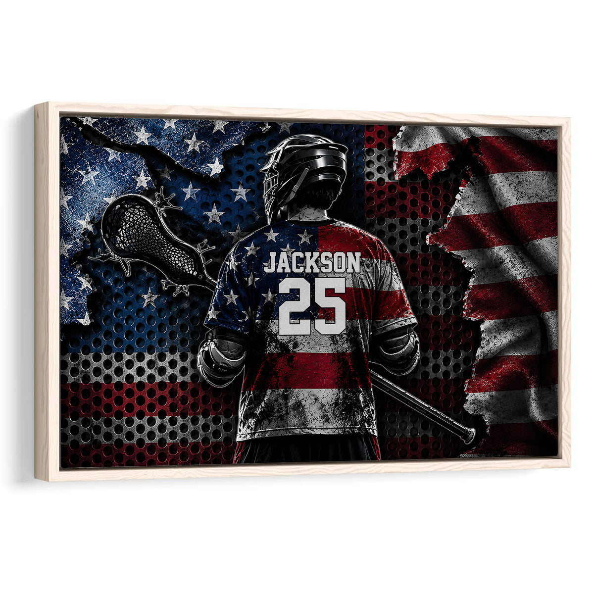 Framed lacrosse wall art featuring a helmeted player, lacrosse stick, and red, white, and blue artwork