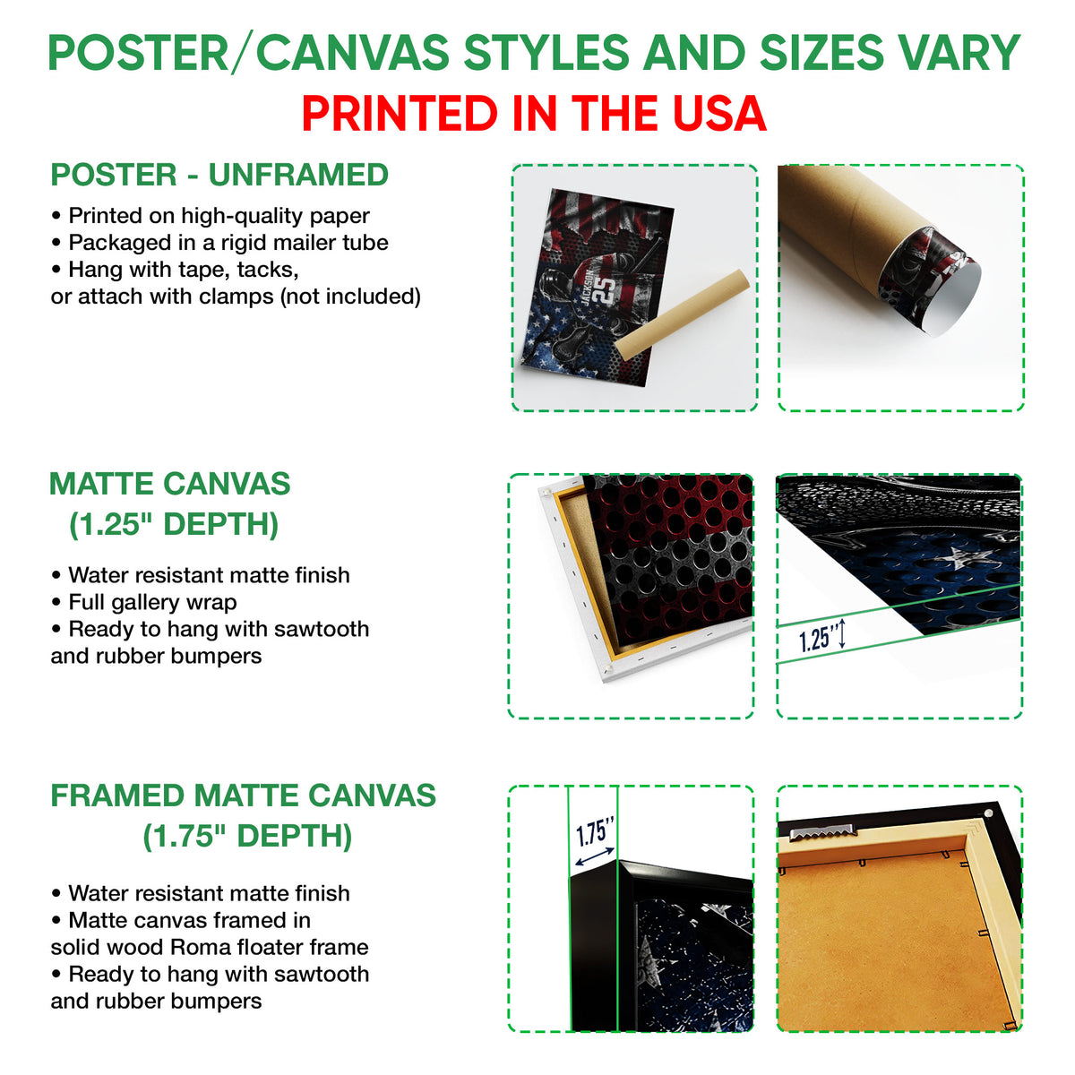 Lacrosse wall art format guide showing unframed poster, matte canvas, and framed canvas options