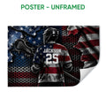 Unframed lacrosse poster featuring a helmeted player, lacrosse stick, and distressed red, white, and blue design