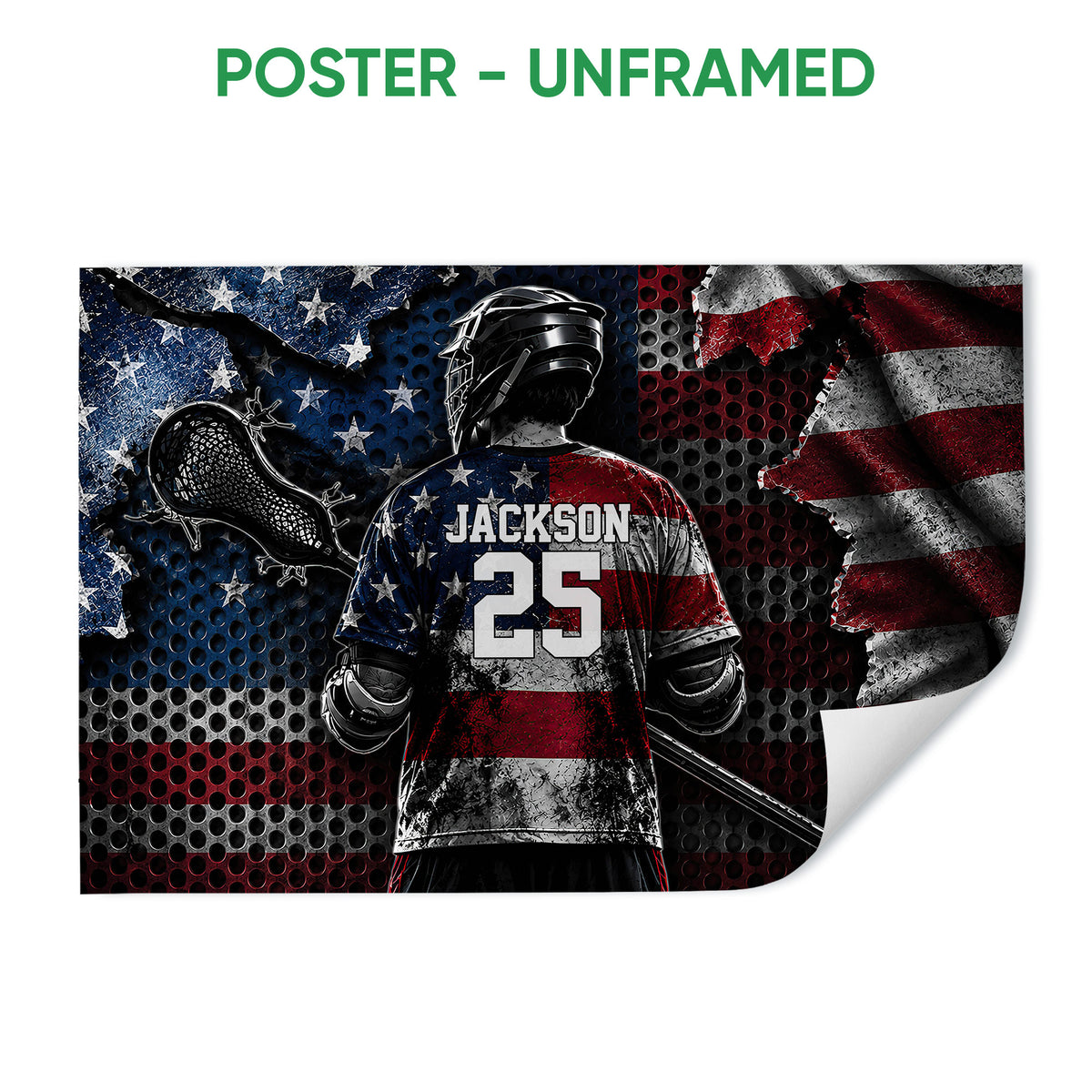 Unframed lacrosse poster featuring a helmeted player, lacrosse stick, and distressed red, white, and blue design